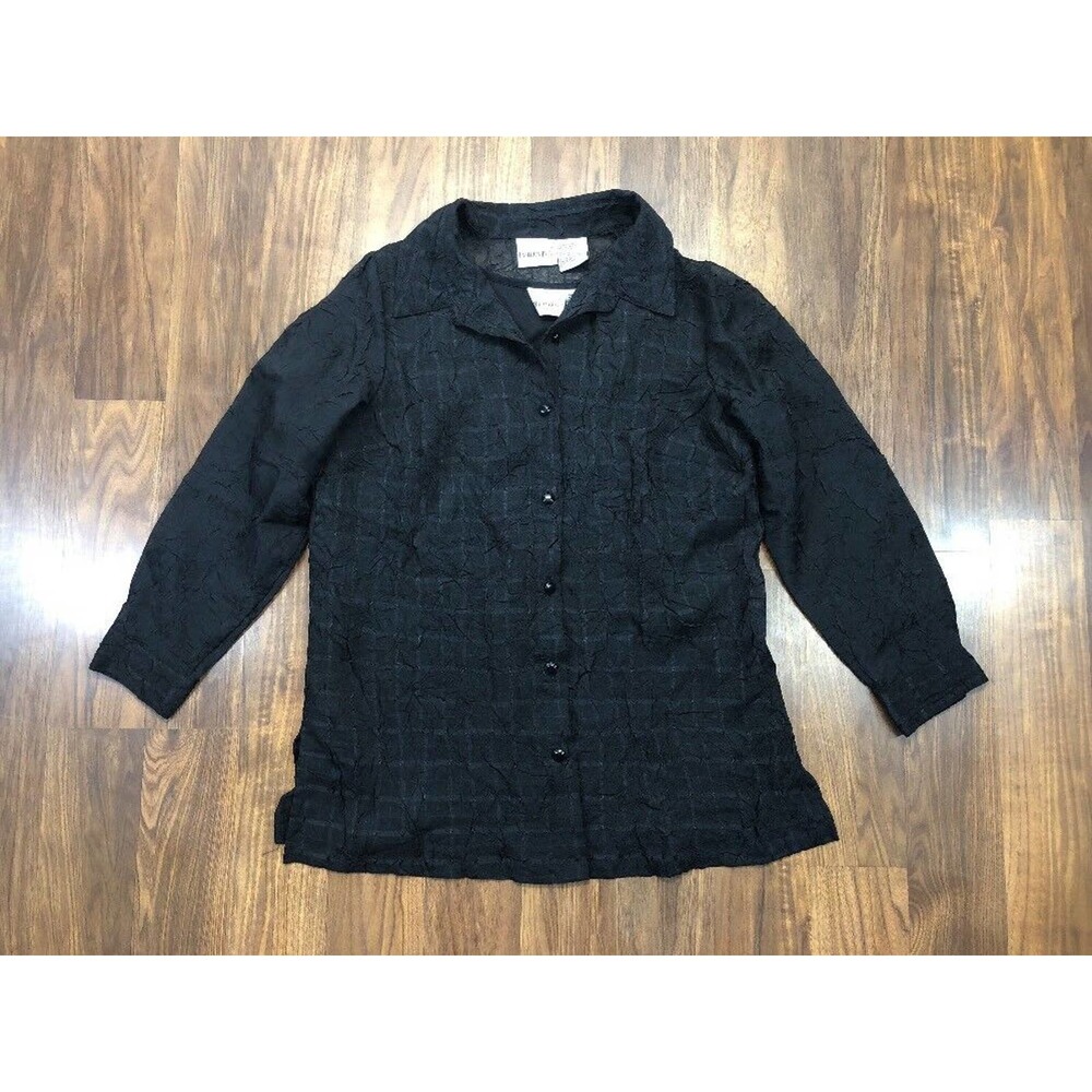 Black Crinkle Long Sleeve Blouse Button Front Fashion Bug Sz L 14 16 Layered Top